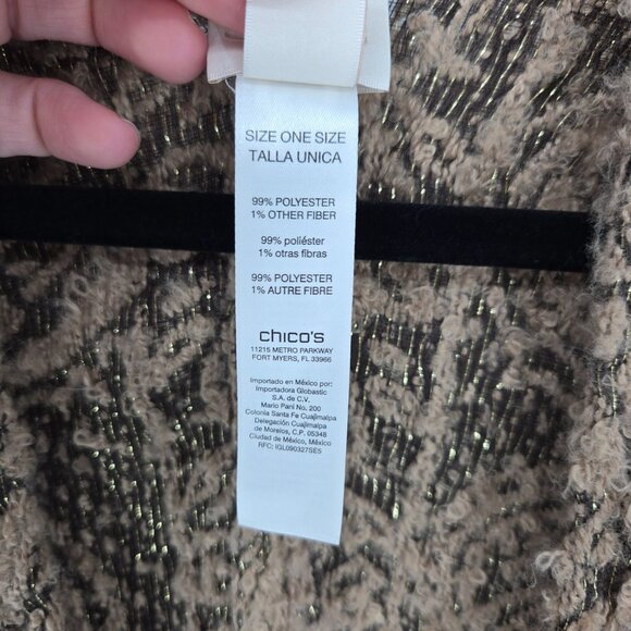 Chicos one size gold metallic floral paisley poncho cape shawl fringe hem - Picture 5 of 13